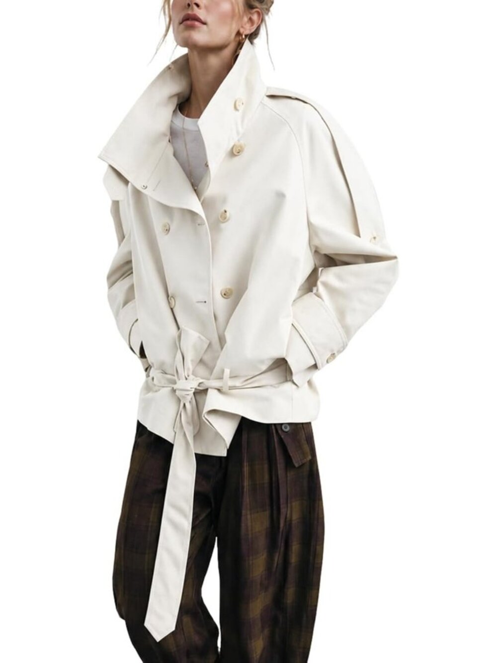 Chic Women's Oversized Double Breasted Cropped Trench Coat with Funnel Neck